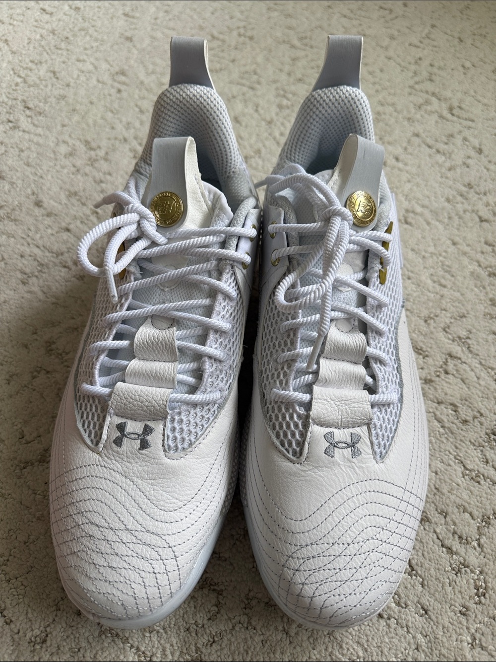 Under Armour Bryce Harper White Baseball Cleats with Gold Logo Accent